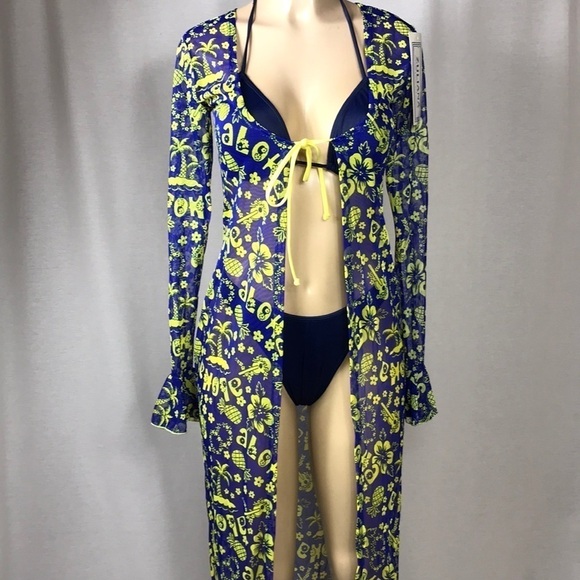 Zuliana Aloha Tropical Print Long Ruffle Sleeve Mesh Cover Up. Made in USA/ New - Picture 2 of 6